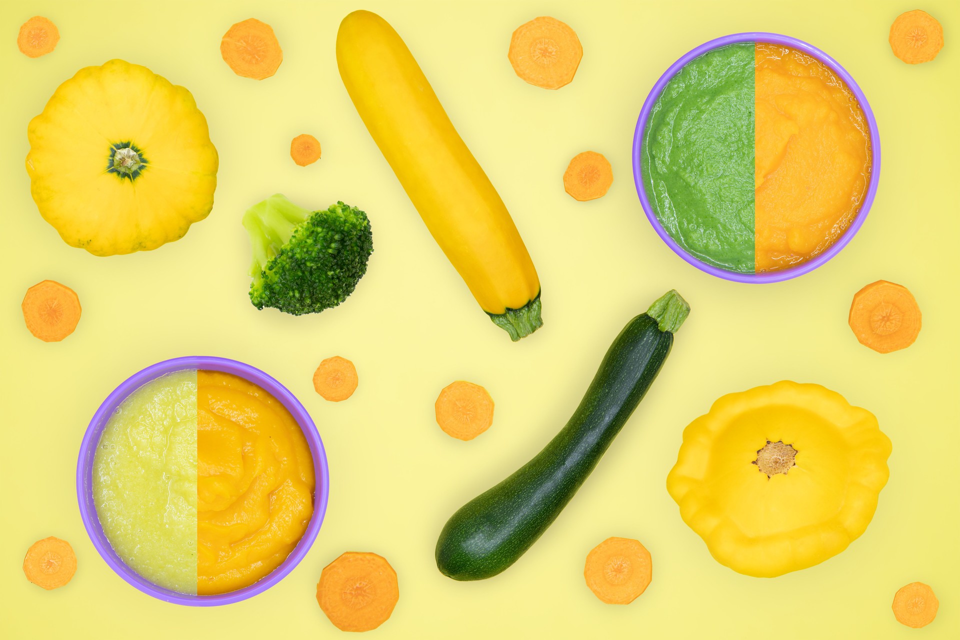 Baby food, vegetable purees (green and yellow zucchini, yellow pumpkin, orange carrots, green broccoli) on yellow background